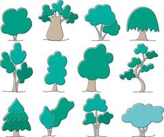 Trees colored doodle sketch style set vector