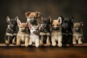 ai generado grupo de cachorros en de madera estante en contra marrón antecedentes. estudio disparo, un grupo retrato de adorable cachorros, ai generado foto