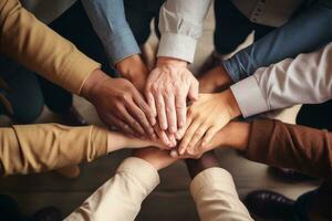 AI generated Group of business people putting their hands together. Teamwork concept, A group of diverse hands holding each other in support, teamwork aerial view, AI Generated photo