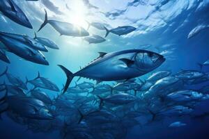 AI generated Tuna in the blue ocean. Underwater world. 3d rendering, A large school of tuna swimming in the deep blue ocean, Philippines, AI Generated photo