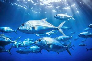 AI generated Tuna fish swimming underwater in deep blue ocean. Underwater world, A large school of Trevally swimming in the deep blue tropical ocean, AI Generated photo