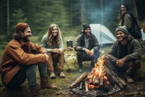 AI generated Group of friends sitting around campfire in the forest. Camping concept, A group of backpackers relaxing near a campfire, in the tourist background, AI Generated photo