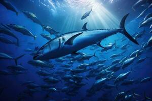 AI generated Tuna fish swimming underwater in the deep blue ocean with sun rays, A large school of tuna swimming in the deep blue ocean, Philippines, AI Generated photo