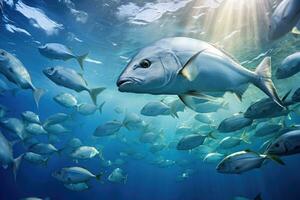 AI generated Tropical fish swimming in blue ocean. Underwater world, A large school of Trevally swimming in the deep blue tropical ocean, AI Generated photo