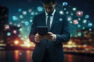 AI generated Businessman using tablet with social media icons over night cityscape background, A businessman on a blurred background using a 3D rendering mobile phone with social media icons photo