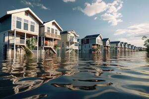 ai generado frente al mar casas en un fila en el agua con reflexión de cielo, 3d representación de inundación casas, ai generado foto