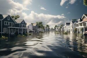AI generated Flooded houses on the shore of a river in Florida, 3D rendering of flooding houses, AI Generated photo