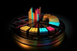 AI generated 3d illustration of pie chart over dark background with neon lights, 3D rendering of a pie chart on a black background with business charts and graphs, AI Generated photo