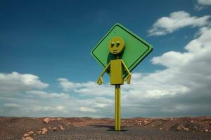 AI generated Green alien standing on the road. 3D illustration. Conceptual image, 3D render of a road sign in the shape of a person, AI Generated photo
