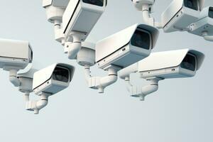 AI generated CCTV security camera or surveillance system on white background. 3d rendering, 3D rendering of a group of security cameras on a white background, AI Generated photo