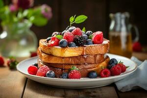 AI generated French toast with berries, honey on a wooden background photo