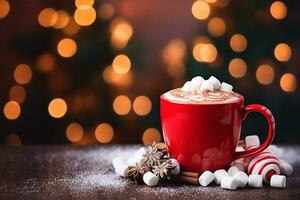 AI generated Christmas drink. Cacao in red cup, fir, marshmallows on bokeh background photo