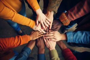 AI generated Diversity Ethnicity Unity Togetherness Variation Teamwork Diversity Concept, A group of diverse hands together joining concept, captured from a top view, AI Generated photo