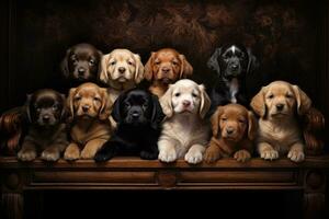 ai generado grupo de cachorros en un de madera estante en frente de un oscuro fondo, un grupo retrato de adorable cachorros, ai generado foto