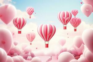 AI generated Valentine's day background with hot air balloons and gift boxes, 3D illustration of Valentine's day background with hearts and hot air balloons, AI Generated photo