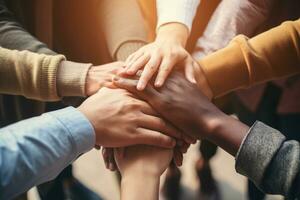 AI generated Group of business people putting their hands together on top of each other, A group of diverse hands holding each other in support, teamwork aerial view, AI Generated photo