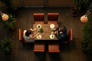 AI generated Top view of a young couple having a romantic dinner in a restaurant, A couple having a dinner date at a restaurant, top view, AI Generated photo