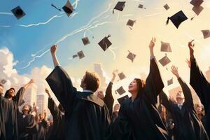 AI generated Group of graduation students throwing graduation caps on the background of the sky, A group of graduates joyfully tossing graduation caps in the air, no faces visible, AI Generated photo