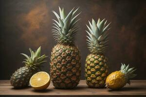 AI generated Pineapples on a wooden background. ai generative photo