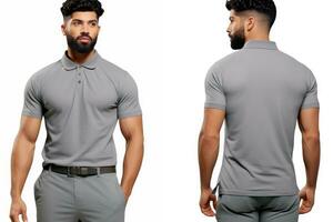 AI generated male model in grey t-shirt, front and back view isolated on white, A male model wearing a simple gray ash polo shirt on a white background, , with front and back views, AI Generated photo