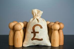 People figures stand around british pound sterling money bag. Organization of the community budget. Social politics. Deposits and loans. Salaries. Social payments. Crowdfunding and fundraising. photo