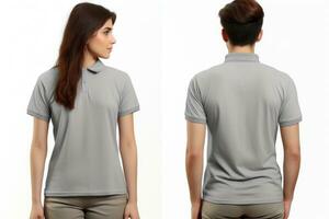 AI generated Front and back view of a female t-shirt on a white background, A male model wearing a simple gray ash polo shirt on a white background, , with front and back views, AI Generated photo