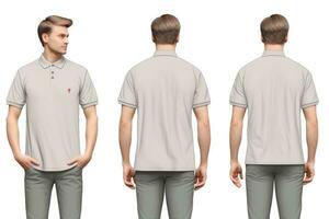 ai generado blanco blanco polo camiseta plantilla, frente y espalda vista. burlarse de arriba para diseño, un masculino modelo vistiendo un sencillo gris ceniza polo camisa en un blanco fondo, , con frente y espalda puntos de vista foto