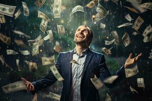 AI generated Businessman in rain and falling dollar banknotes. Success and success concept, A happy and successful man standing under a rain of money, with a lot of dollar banknotes falling photo