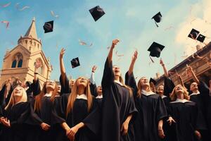 AI generated group of happy students in graduation gowns throwing mortarboards in air, A group of graduates joyfully tossing graduation caps in the air, no faces visible, AI Generated photo