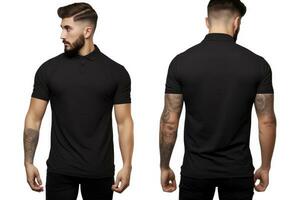 ai generado blanco negro polo camiseta plantilla, frente y espalda ver aislado en blanco fondo, un masculino modelo vistiendo un sencillo negro polo camisa en un blanco fondo, , con frente y espalda puntos de vista foto