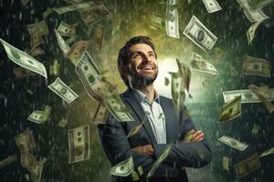 AI generated Businessman with arms crossed standing under rain and falling dollar banknotes, A happy and successful man standing under a rain of money, with a lot of dollar banknotes falling photo