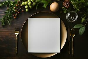 AI generated Mockup Blank Paper on Restaurant Table, Logo Showcase photo
