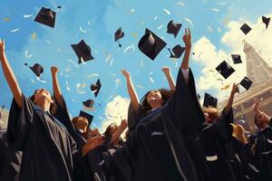 AI generated Graduates throwing hats in the air on a background of the sky, A group of graduates joyfully tossing graduation caps in the air, no faces visible, AI Generated photo