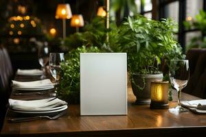 AI generated Mockup Blank Paper on Restaurant Table, Logo Showcase photo