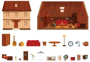 Garret icons set cartoon vector. Attic loft house vector