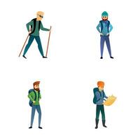 Hiking icons set cartoon vector. Group of tourist with backpack and map vector