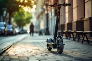 ai generado eléctrico scooter en el ciudad. el concepto de ecológico transporte, un genérico eléctrico scooter, un futurista movilidad solución para pueblos, sostenible transporte soluciones, verde foto