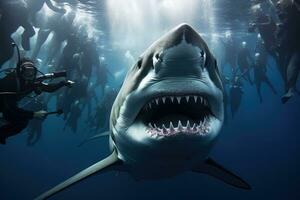 ai generado genial blanco tiburón carcharodon carcharias, un genial blanco tiburón demostración sus dientes en frente de diversos en un buceo jaula, ai generado foto