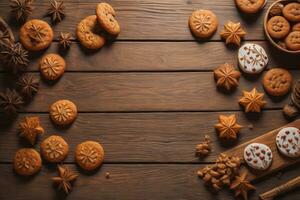 ai generado galletas en un de madera mesa. parte superior vista. ai generativo foto