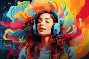 ai generado retrato de hermosa joven mujer escuchando a música con auriculares. vector ilustración, un niña con auriculares en un vistoso vívido fondo, un ilustración de, ai generado foto