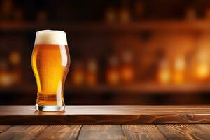 AI generated Glass of beer on wooden table in pub. Blurred background, A glass of beer on a wooden board and blurred bar background, Free space for decoration, AI Generated photo