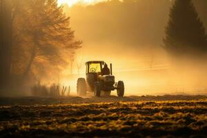 ai generado tractor arada campo a puesta de sol. tractor preparando tierra para siembra, un granjero operando un tractor trabajando en el campo en el mañana, ai generado foto