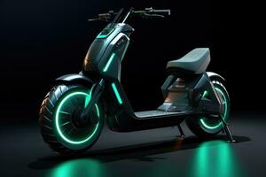 ai generado moderno urbano scooter en un oscuro antecedentes. 3d representación, un genérico eléctrico scooter, un futurista movilidad solución para pueblos, sostenible transporte soluciones, verde energía foto