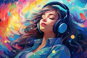 AI generated Beautiful young woman listening to music with headphones. Digital painting, A girl with headphones in a colorful vivid background, An illustration of auditory, AI Generated photo