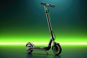 ai generado 3d representación de un negro eléctrico scooter en un verde fondo, un genérico eléctrico scooter, un futurista movilidad solución para pueblos, sostenible transporte soluciones, verde foto