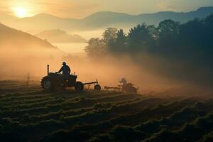 ai generado silueta de granjero con tractor en el campo en el mañana, un granjero operando un tractor trabajando en el campo en el mañana, ai generado foto