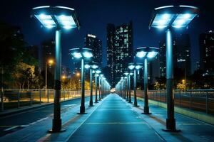 ai generado calles de el noche ciudad, iluminado utilizando energía desde solar paneles generativo ai foto