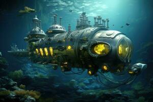 AI generated Fantasy alien spaceship in deep sea. 3D render illustration, A fantasy submarine, AI Generated photo