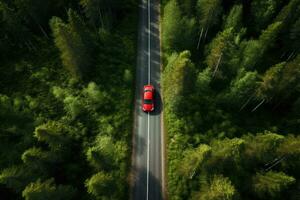 ai generado aéreo ver de un rojo coche conducción en el la carretera en el bosque, aéreo ver de un rojo coche con un techo estante en un verde verano bosque país la carretera en Finlandia, ai generado foto