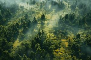 AI generated Foggy landscape in the forest. Aerial view of foggy forest, Aerial view of a forest, AI Generated photo